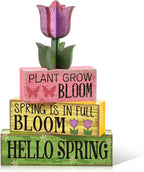 Moucuny 4 Pcs Spring Table Decoration Wooden Stacked Block Decor with Tulip Topper Spring Easter Tiered Tray Decor Platel Flower Table Centerpieces for Easter Party, Living Room, Kitchen