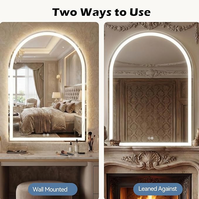 Sweetcrispy 28“x 36” LED Bathroom Backlit Mirror with Lights, Arched Vanity Mirror with Anti-Fog, Dimmable, 3-Color Light, Memory Function, Tempered Glass