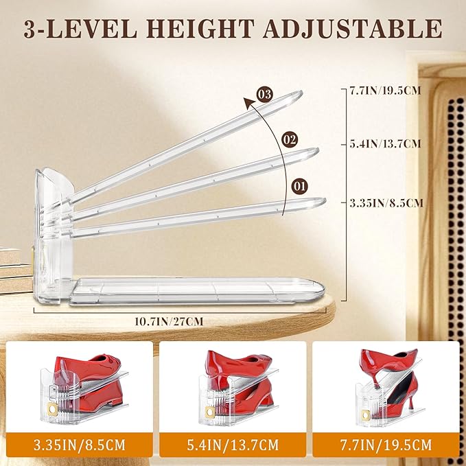 Shoe Slots Organizer for Closet, 12 Pack Shoe Stacker Organizer, Shoe Storage Space Savers 50%, 3 Levels Adjustable Shoe Racks for Closet Organization