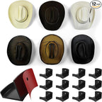 Modern JP Adhesive Hat Hooks for Wall (12-Pack) - Cowboy Hat Rack, Wide Brim Hat Organizer, Strong Hold Hat Hangers for Wall - Black