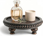EOSAHR Rustic Round Pine Wooden Riser with Beaded for Home Decor - Decorative Tray for Farmhouse Decor Coffee Table - Pedestal Stand for Kitchen Counter Organizer & Cake Stand (Distressed Black)