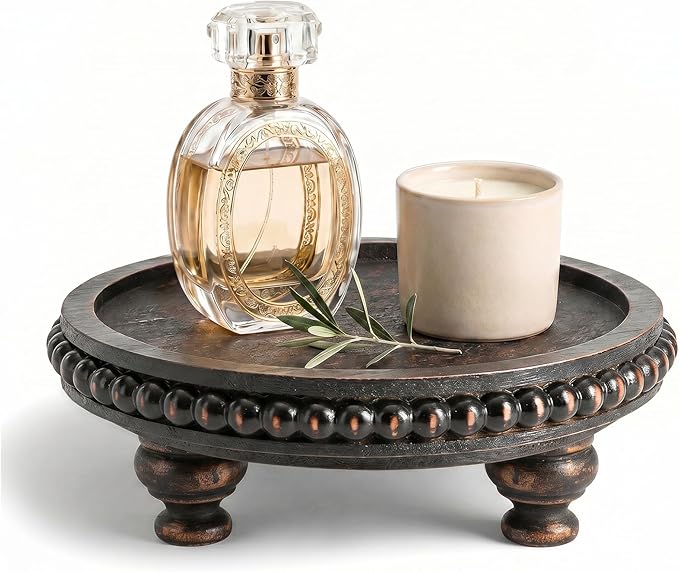EOSAHR Rustic Round Pine Wooden Riser with Beaded for Home Decor - Decorative Tray for Farmhouse Decor Coffee Table - Pedestal Stand for Kitchen Counter Organizer & Cake Stand (Distressed Black)