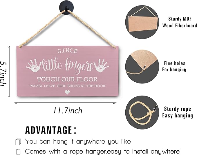 Wall Pediments Shoes Off Sign,Shoes Off Sign for Front Door,Since Little Fingers Touch Our Floor Door Sign,Shoes Off Hanging Welcome Sign for Front Door,12x6 Inches，Wood Grain-3