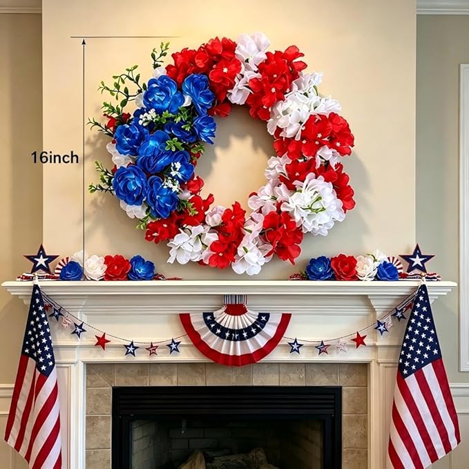 4th of July Decorations Outdoor Patriotic Wreaths for Front Door 250th Anniversary Decorations Red White and Blue American Flag Wreath (American Flag Sunflower A)