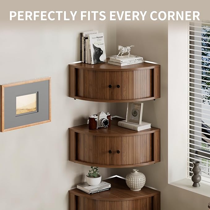 Corner Shelves Wall Cabinet Set of 3, Floating Corner Shelf Organizer with Sliding Doors, Fluted Wall Cabinet for Living Room, Bedroom, Office, Small Space, Walnut (Curved, 15.74“)