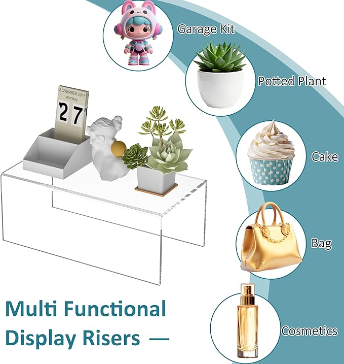 Acrylic Shelf Riser 10x5.1x4 pack of 2, Clear Acrylic Stand for Figure, Cosmetics, Bags, Shoes, Toys, Collectibles, 10x5.1x4 Inch