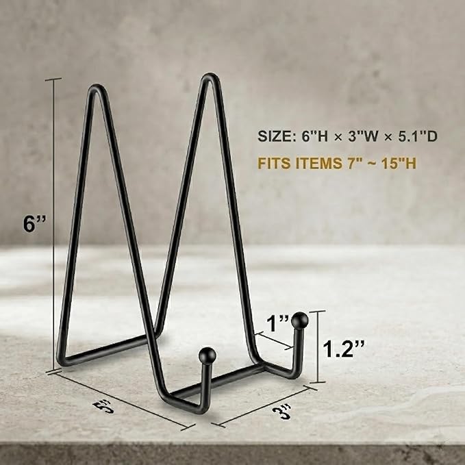 Hoewina 3 Pack 6 Inch Plate Stands for Display, Metal Picture Frame Stand, Black Decorative Small Easels for Display, Picture Holder Stand for Book , Photo and Platter, Plaques, Tabletop Art