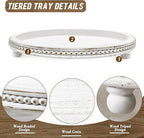 Handmade 12 Inch Decorative Tray, Small Beaded Tray Coffee Table Decor, White Washed Round Wooden Tray for Coffee Table, Dining Room Table Entryway and Living Room