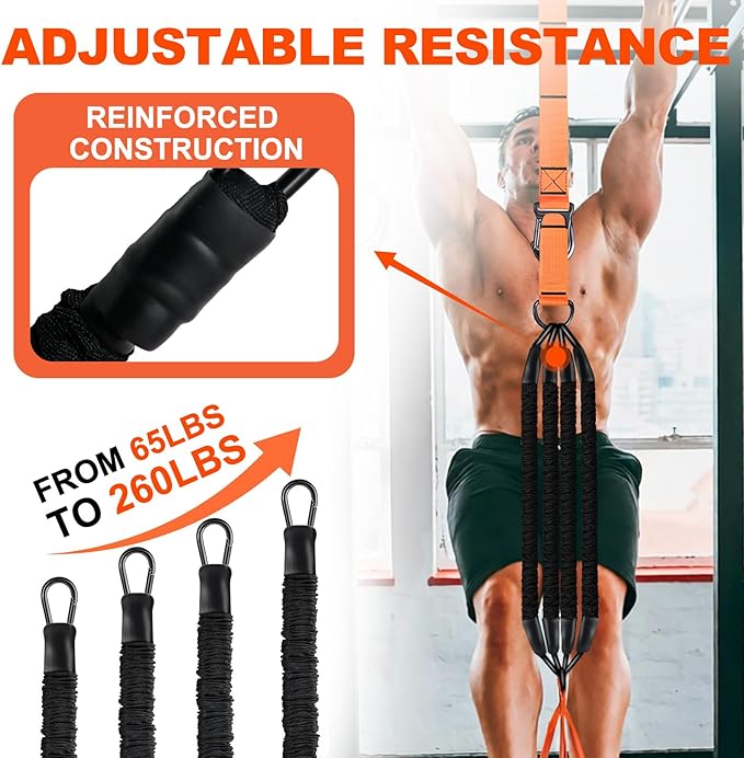 Pull Up Assistance Bands 65-260lbs, 4 Heavy Duty Pull Up Resistance Bands with Fabric Feet/Knee Rest for Pull Up Bar, Body Strength Training, Home Gym Fitness