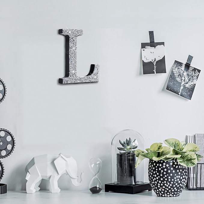 Qunclay 5.7" Silver Crystal Diamond Bling Letters Crushed Diamond Decoration Wooden Glitter Letter with Screw and Hooks Rhinestone Gift for Wedding Y2k Mcbling Bedroom Wall Decor (Letter L)