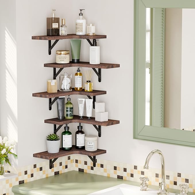 Fixwal Floating Shelves for Wall Set of 5, Rustic Wood Wall Mounted Corner Shelf for Bathroom, Kitchen, Bedroom, Home Decor, Laundry Room, Living Room (Walnut Brown)
