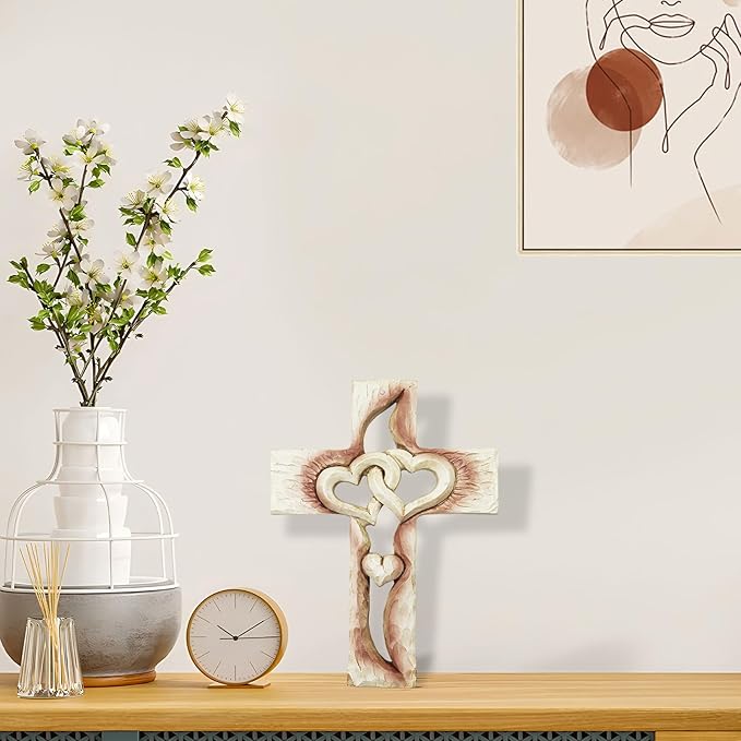 Oooct Carved Cross, Resin Cross Wall Decor, Intertwined Hearts & Never Separates Love, Great Christian Gift, Wall Art Gift, Home Living Room Decor - 6.85 × 5.12 Inch