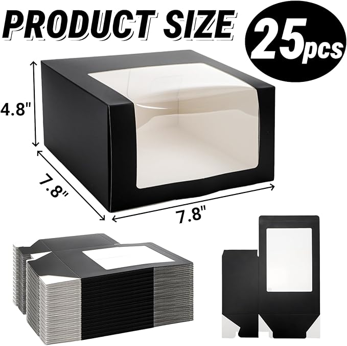 Peohud 25 Pack Black Gift Boxes with Window for Hat, Paper Hat Display Case, Fold Storage Containter Packing Boxes for Baseball Caps, Snapbacks, Trucker Cap, 7.8" x 7.8" x 4.8"