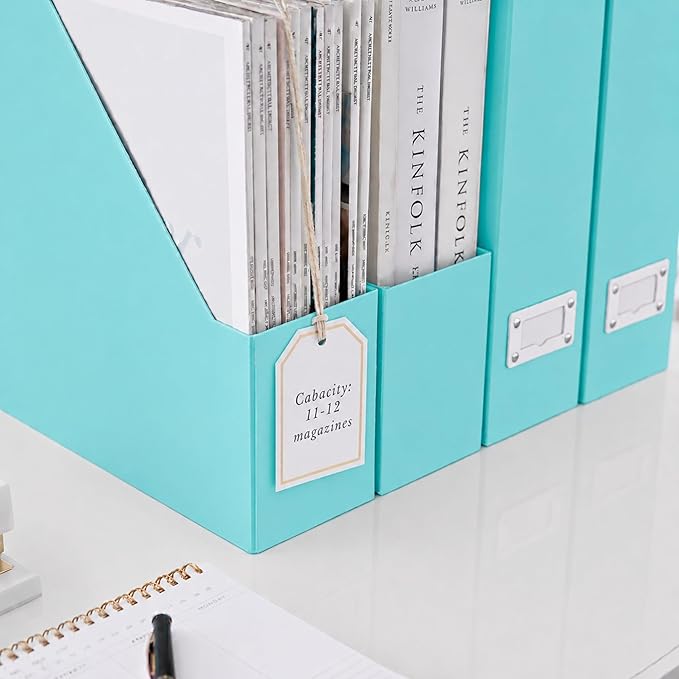 BLU MONACO Set of 6 Aqua Magazine File Holders | Foldable Magazine Storage Boxes with White Leather Label Holders | Vertical File Organizer for Desk, Shelves & Home Office