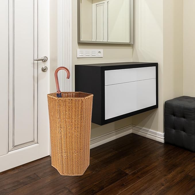 BESTOYARD Woven Umbrella Stand for Entryway Handmade Umbrella Holder with Tray Freestanding Cane Stand Rattan Flower Vase Dried Flower Pot Umbrella Rack, 39.5X21CM, Khaki