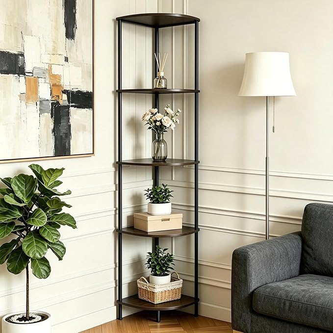 Corner Shelf Stand 5 Tier, Tall Slim Corner Bookshelf, Small Storage Display Shelving Unit for Home Office, Bathroom, Bedroom, Easy Assembly with Anti-Tip Design, Rustic Brown