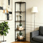 Corner Shelf Stand 5 Tier, Tall Slim Corner Bookshelf, Small Storage Display Shelving Unit for Home Office, Bathroom, Bedroom, Easy Assembly with Anti-Tip Design, Rustic Brown