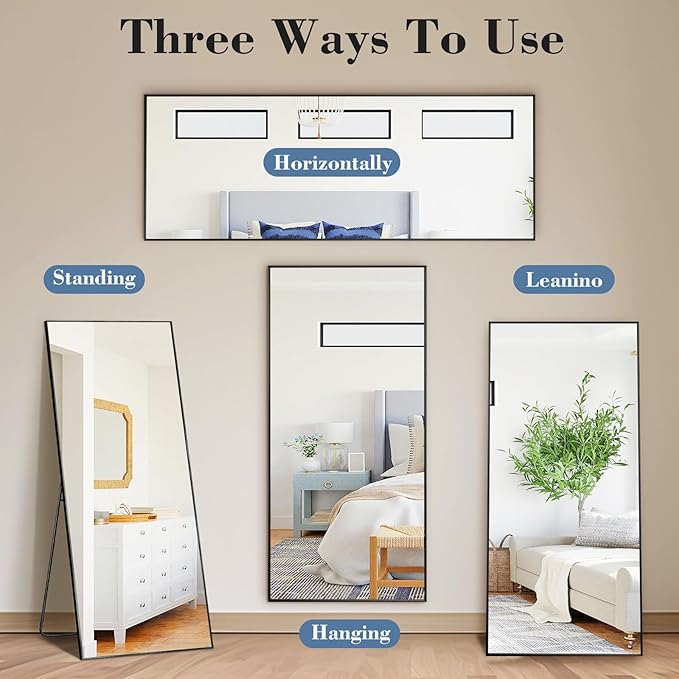 DUMOS 19"x58" Full Length Mirror with Stand, Floor Standing Aluminum Frame, Shatter-Proof Nano Glass for Bedroom, Living Room, Cloakroom – Modern Simple Home Decor,Can Be Hanging or Leaning, Black