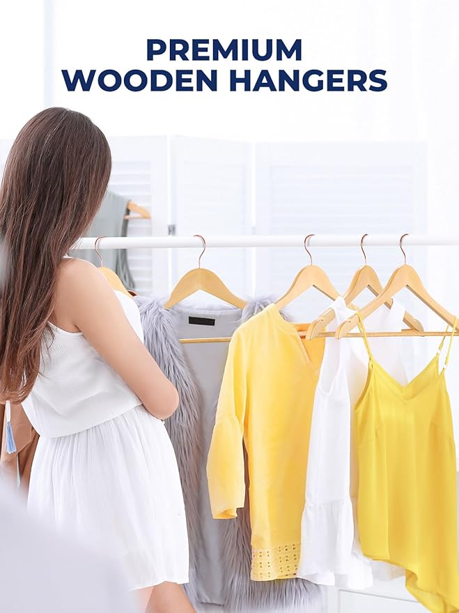 Smartor Wooden Hangers 20 Pack, Solid Wood Coat Hanger for Closet, Heavy Duty Wood Hangers for Suits, Shirts, Dresses, with 360° Rose Gold Hook, Non Slip Pant Bar, Natural