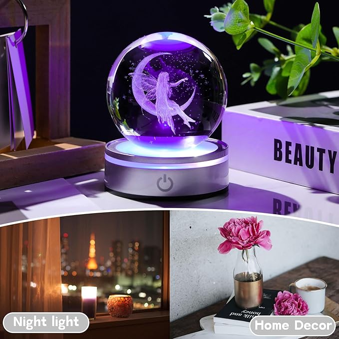 Movdyka 3D Crystal Ball Moon & Fairy Figurines Decor Gifts for Women Girls with Colorful LED Base, Laser Eatch Glass Fairy Statue Snow Globe Home Decor Crafts - 3.15"/8CM