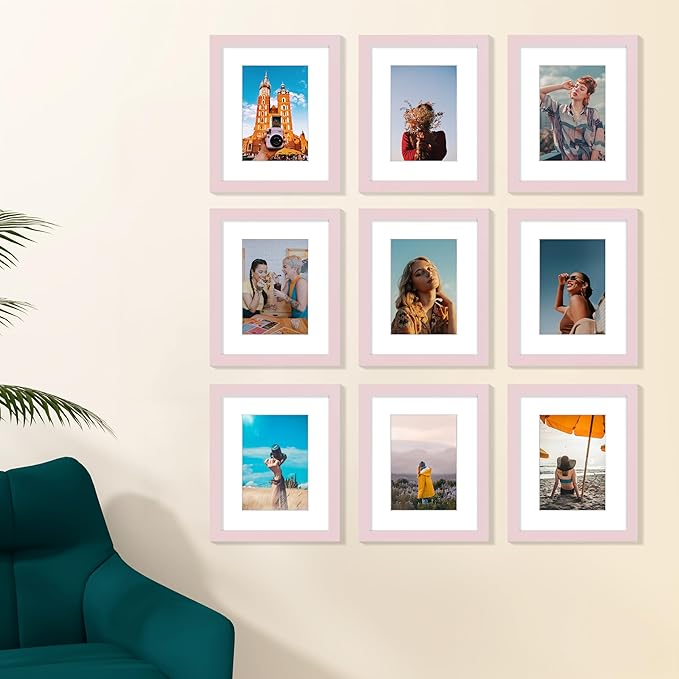 Vittanly 8x10 Picture Frame Set of 9 - Display 5x7 Photos with Mat or 8x10 Without Mat, Wall Mount & Tabletop Frames for Home Decor, Horizontal or Vertical (Pink)