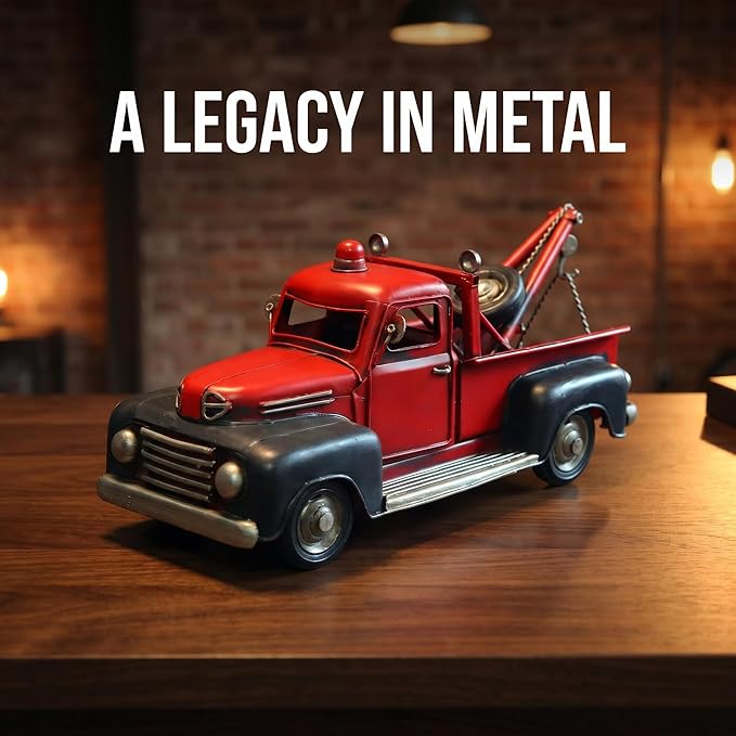Vintage Red Tow Truck Decor Model, Classic Retro Metal Wrecker Truck Figurine, Distressed Rustic Collectible Sculpture for Home Office Shelf Desk Tabletop Decor