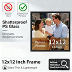 Lyeasw 12x12 Picture Frames Black 12 Pack,Square Matted Wood Grain Lightweight 12 x 12 Photo Frames for Wall Collage and Desk & Home Decor.