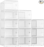 Kuject XX-Large Shoe Storage Boxes Organizers Clear Plastic Stackable 12 Pack, Shoe Rack & Holder Substitute, Sneaker Containers, Shoe Storage Organizer Bins for Closet, Under Bed,White(No Fold Line)