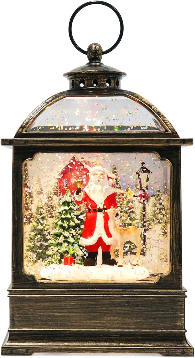 Christmas Snow Globe Lantern with Santa 8 Music Songs & 6H Timer Water Snow Globe Lantern USB & Battery Operated for Christmas Festival Decorations Gifts (Santa)