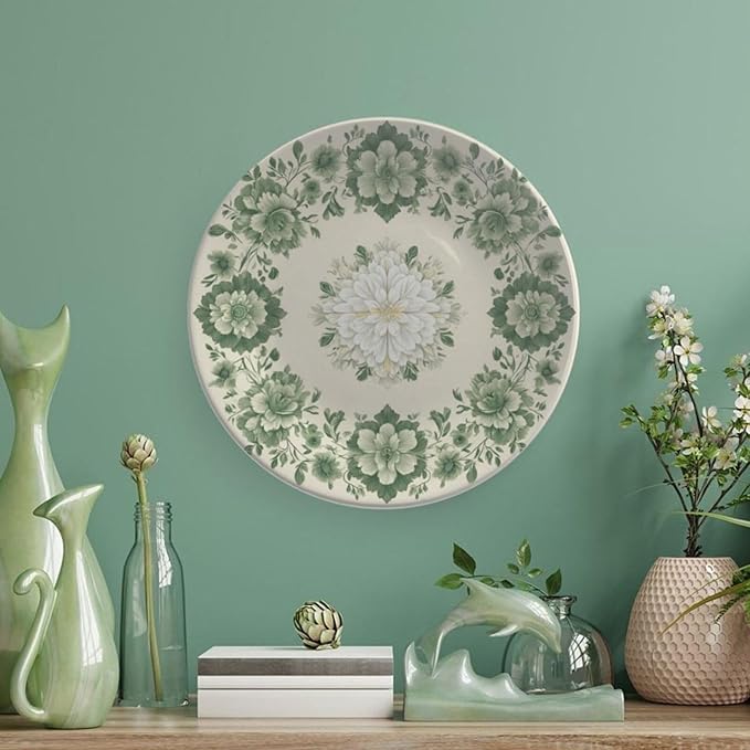Flowers Theme Decorative Ceramic Plate Round Porcelain Plate,6 inch,Botanical Watercolor Pattern,for Decorative Ornaments Giving Plates,1 Plate with 1 Display Stand,Green White