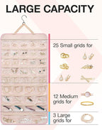 BAGSMART Hanging Jewelry Organizer Storage Roll with Hanger Metal Hooks Double-Sided Jewelry Holder for Earrings, Necklaces, Rings on Closet, Wall, Door, 1 piece, Extra Large, Pink