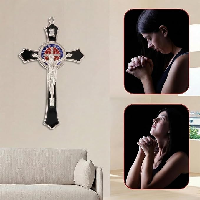 TALPGOD 7 Inch St Benedict Crucifix Black,Crucifix Wall Cross for Catholic Decor,Jesus Christ Hanging Cross Wall Art Decor,Escapularios Catolicos,Saint Benedict Medal for Home Decoration