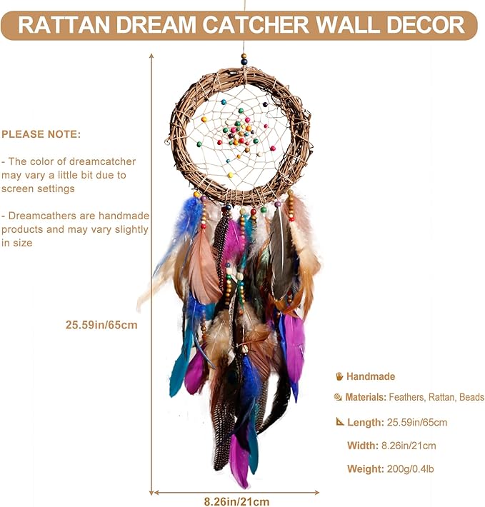Dream Catcher Native American Boho Dreamcatcher Rattan Wall Decor, Handmade Natural Peacock Feathers Purple Colorful Beaded Hanging Ornament Indian Decor for Girls Bedroom(Purple Peacock Feather)