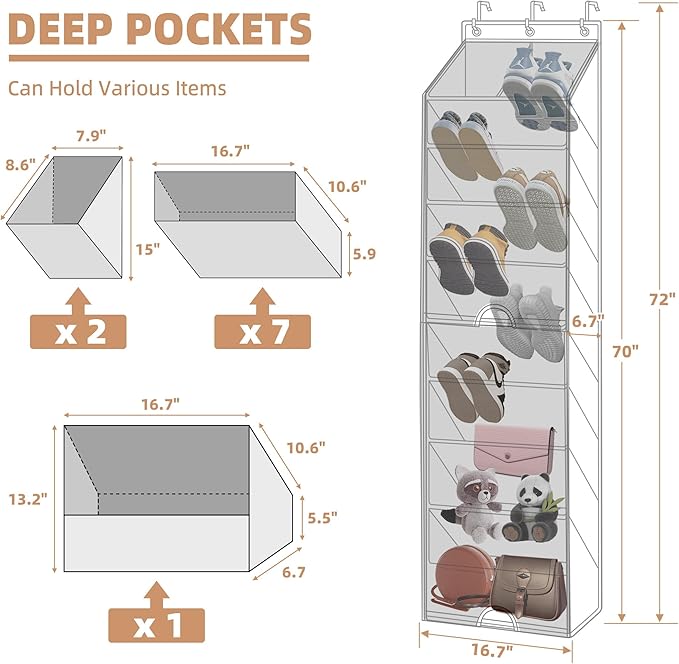 STORAGE MANIAC Over the Door Shoe Organizer with Curtain Dustproof Heavy-Duty Large Deep Pocket Hanging Shoe Organizer for Closet Dorm & Narrow Door Storage Shoe Holder Shoe Rack, 9-Shelf Black 1 Pack