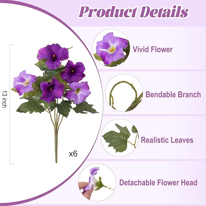 6 Pcs Artificial Petunia Flowers for Outdoors, Fake Flowers for Outdoor Planter, UV Resistant Realistic Faux Petunias Plants for Outside No Fade for Garden Porch Patio Indoor Decor(Double Purple)