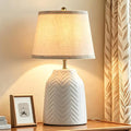 SOTTAE 14'' White Ceramic Table Lamp with Linen Fabric Shade, Leaf Patterned Ceramic Desk Lamp, Mid Century Modern Bedside Nightstand Lamp for Bedroom Living Room Reading Room