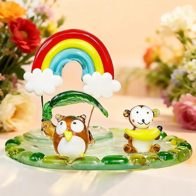 H&D HYALINE & DORA Blown Glass Owl and Monkey Figurine Miniature Aniamal Figurine with Round Base Handmade Glass Animal Collectible Figure for Christams Home Tabletop Decor