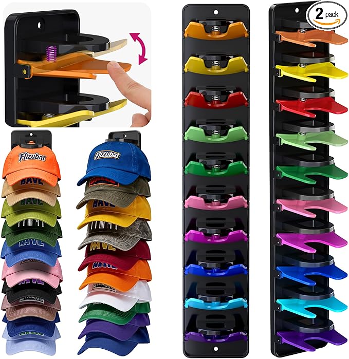 Spring-Loaded Hat Organizer for Baseball Caps (2 Pack) – Holds 20 Caps, Quick Insert & Smooth Release with Secure Hold, Wall Mount for Closet or Door with Adhesive & Screws