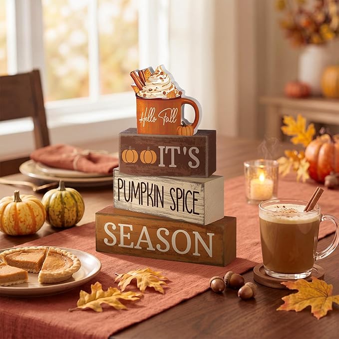 Lineshading 4 Pcs Fall Decorations for Home Wooden Hot Cocoa Cup Block Sign Thanksgiving Tiered Tray Decor Thanksgiving Centerpiece Rustic Fall Table Decor for Autumn Harvest Party Home Kitchen