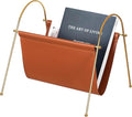 Fabulaxe 12-in Gold-Tone Metal Frame with Brown Leatherette Sling Magazine Holder for Living Rooms, Home Offices, and Waiting Areas - for Office Desk Accessories, Organizing Magazines and Newspapers