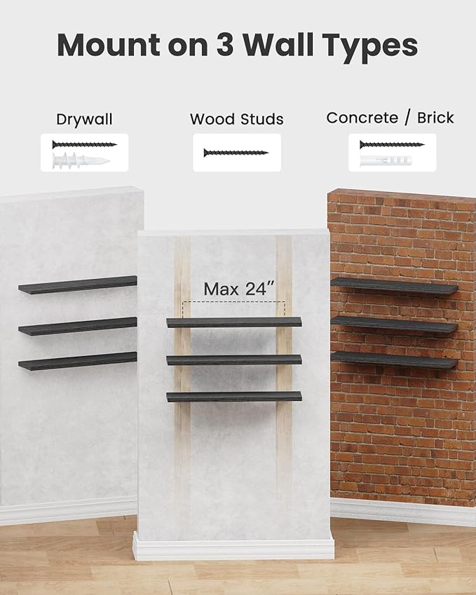 AMADA HOMEFURNISHING 47.2" L Floating Shelves, Wall Shelves Set of 3 for Bathroom/Living Room/Bedroom/Kitchen, Black Floating Shelves for Wall Decor with Invisible Brackets - AMFS55B