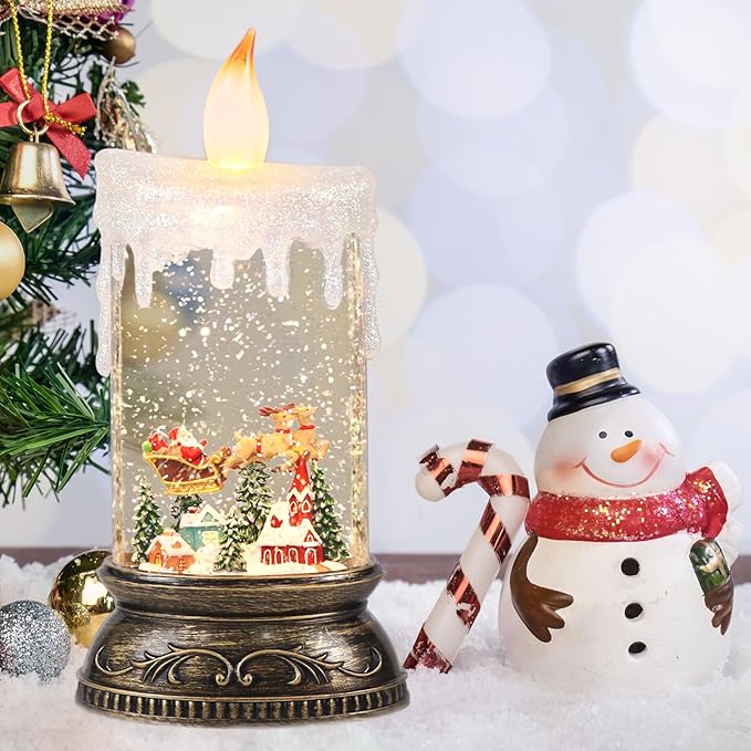 Eldnacele Christams Music Snow Globe Lantern with 6H Timer, Battery Operated & USB Powered Lighted Snowman Sleigh Deer Singing Snow Globe Candle Lamp Spinning Water Glitters Festival Gift Xmas Decor