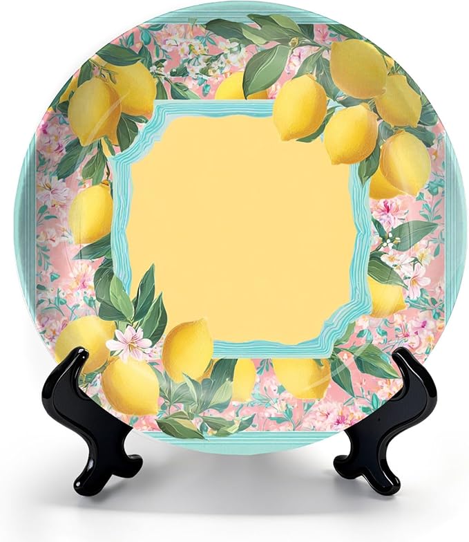 HABEN ARTWORK 10" Ceramic Plates for Display Lemon Floral Botanical Frame Pastel Colors Decorative Plate with Stand and Hook for Kitchen Dining Room Wall Hanging Decor