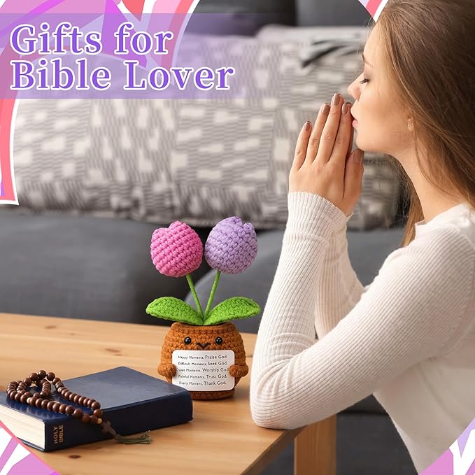 Wavwavw Christian Gift for Women Positive Handmade Tulips Flower Crochet Doll with Bible Verse Prayer Card Inspirational Scripture Religious Crochet for Christmas Sunday Group Church