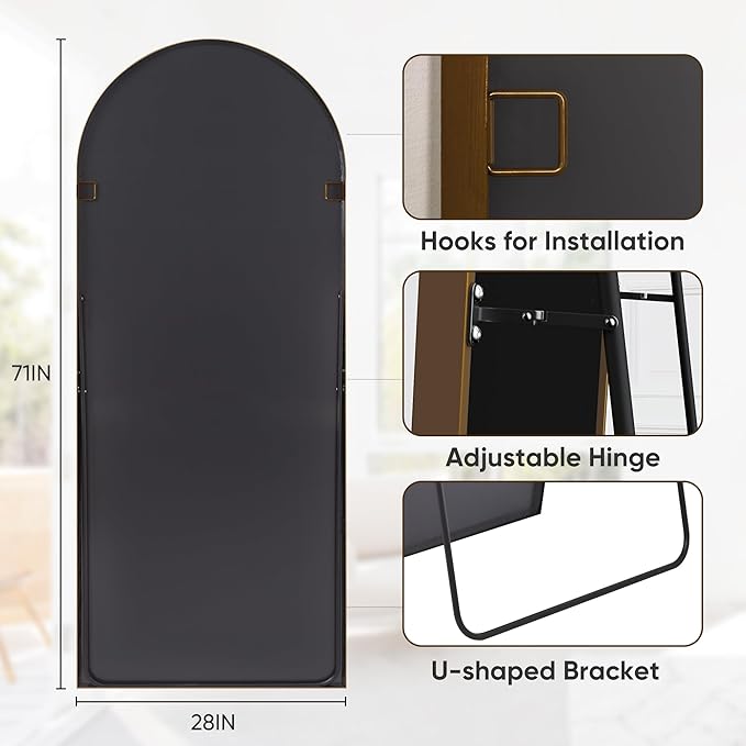Antok 71" x 28" Full Length Mirror, Floor Mirror Arched Window Decorative Mirror, Metal Framed Decor Farmhouse Floor Mirrors Art Pane Mirrors Wall Decor for Bedroom, Living Room, Entryway Black
