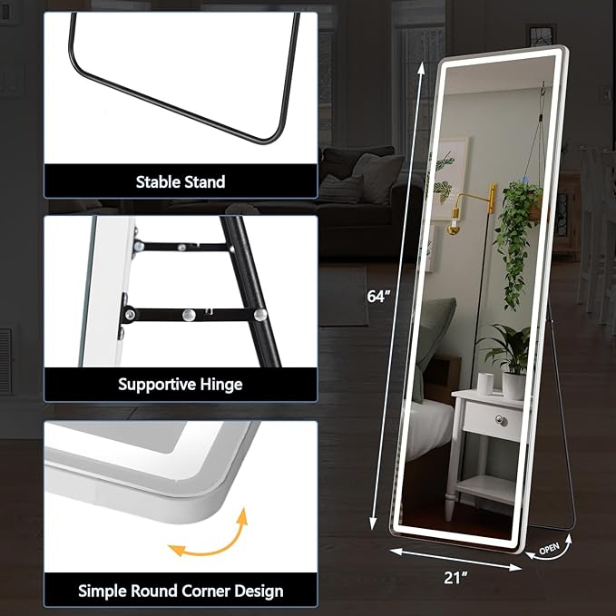 DUMOS LED Full Length Floor Mirror, 20"x63" Full Body Standing Mirror with Lights, 3 Color Lighting, Hanging or Leaning, Wall Mounted, Modern Simple Home Wall Decor, White
