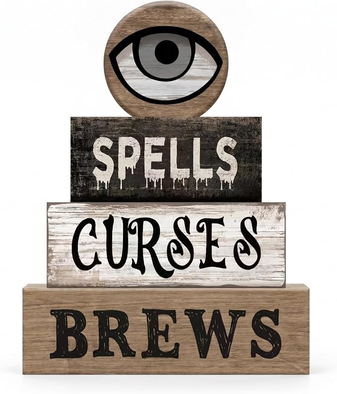 Moucuny 4 Pcs Halloween Table Decor Witchy Wooden Stacked Block Decor, "Spells Curses Brews" Signs with Eyeball Topper, Rustic Gothic Halloween Tiered Tray Decoration for Home Office Kitchen Shelf