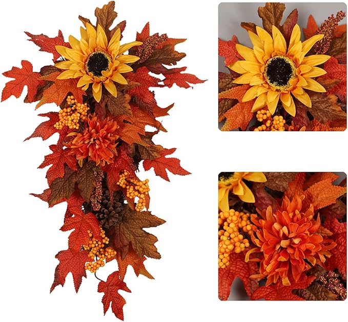 21.7Inch Artificial Fall Harvest Teardrop Swag for Front Door Orange Maple Faux Fall Leaves Hanging Vine with Pinecone Sunflower Harvest Autumn Floral Swag for Home Wall Decor