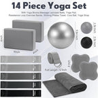 14 Pcs Yoga Kits for Home Workouts Pilates Equipment Set for Women Beginners, Hot Yoga Towel Blocks Strap, Knee Pad, Resistance Loop Exercise Band, Massage Lacrosse Ball, Pilates Ball