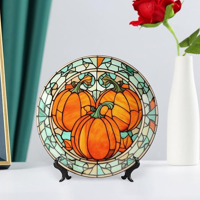 Decorative Plates, Stained Glass Watercolor Pumpkin Ceramic Dinner Plate Home Wobble-Plate with Display Stand, Autumn Wall Hanging Decor for Living Dining Room Kitchen Household 8 Inch